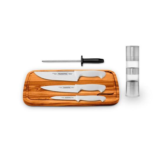 Imagem de KIT - Faqueiro Premium 3 Peças + Tábua 49x28 + Chaira + Moedor Duplo Sal Pimenta - Tramontina