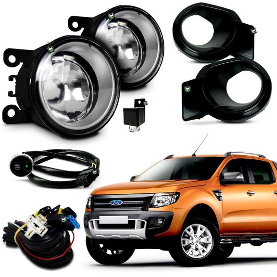 Imagem de Kit Farol Auxiliar Milha Ranger 2012 2013 2014 2015 Moldura Preta Botao Touch