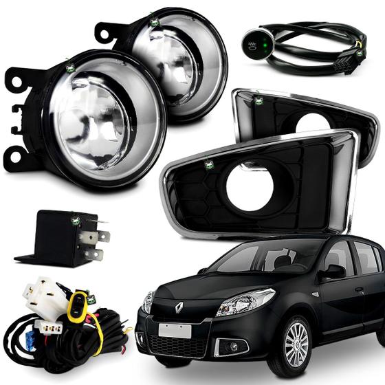 Imagem de Kit Farol Auxiliar Milha Sandero 2012 2013 2014 Moldura Cromada Botao Touch