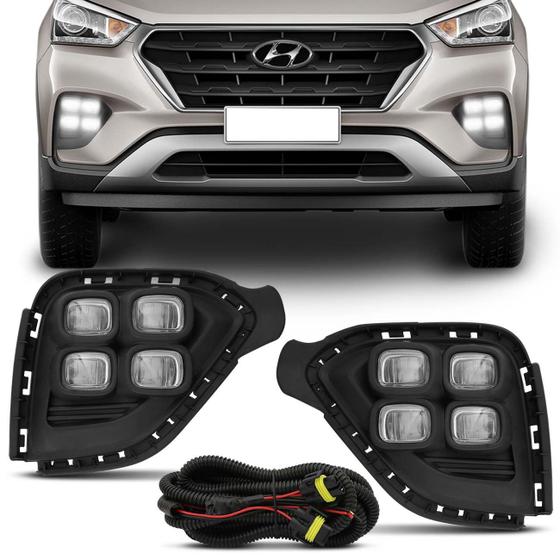 Imagem de Kit Farol de Milha Hyundai Creta 2016 2017 2018 2019 LED DRL Auxiliar Neblina com Moldura Preta