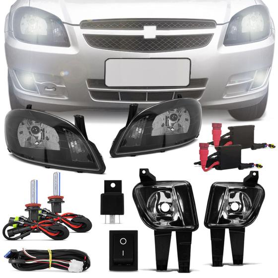 Imagem de Kit Farol Milha Celta Prisma 2007 a 2013 Farol Máscara Negra Simples + Kit Xênon Hb4 6000K