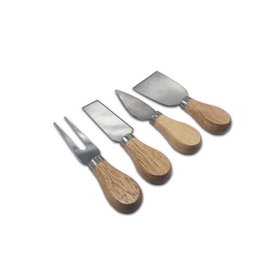 Imagem de Kit Fatiador de Queijo Petisco Gourmet Aperitivo Faca Espátula Garfo Aço Inox Madeira Bambu 4 Peças