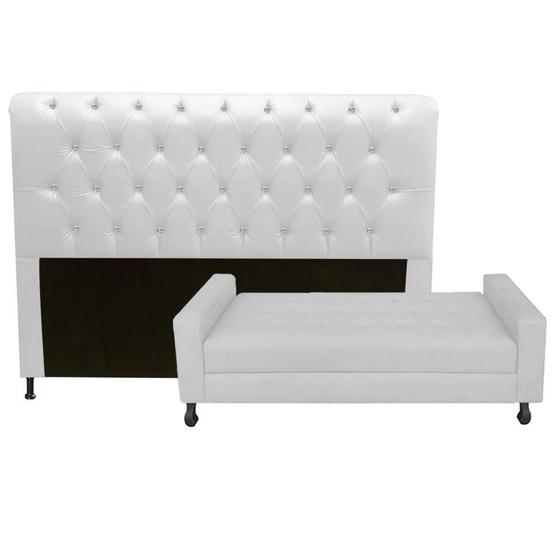 Imagem de Kit Félix com Cabeceira Cristal 1,60 cm Queen Size Baú Quarto Sala Suede Branco - Damaffe Móveis