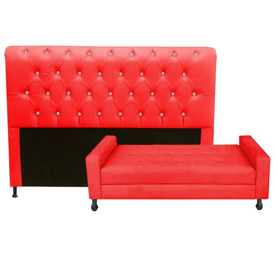 Imagem de Kit Félix com Cabeceira Cristal 1,60 cm Queen Size Baú Quarto Sala Suede Vermelho - Damaffe Móveis