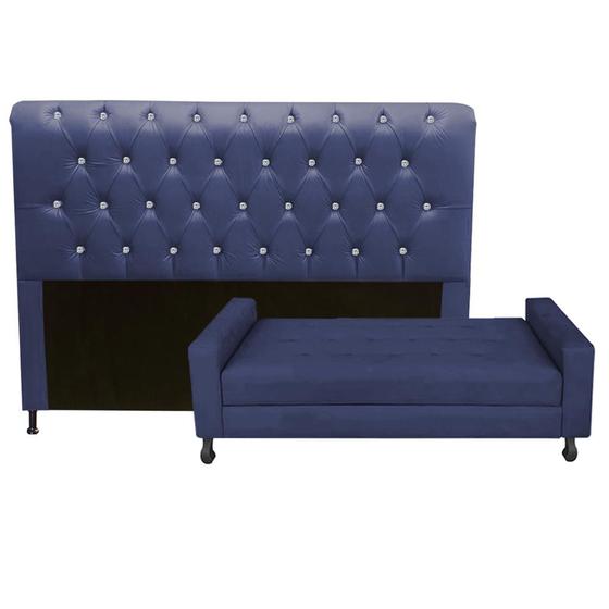 Imagem de Kit Félix com Cabeceira Cristal 90 cm Solteiro Baú Quarto Sala material sintético Azul Marinho - Damaffê Móveis