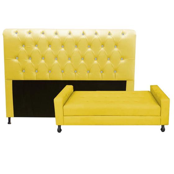 Imagem de Kit Félix com Cabeceira Cristal 90 cm Solteiro Baú Quarto Sala Suede Amarelo - Damaffe Móveis