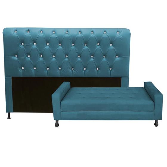 Imagem de Kit Félix com Cabeceira Cristal 90 cm Solteiro Baú Quarto Sala Suede Azul Turquesa - Damaffe Móveis