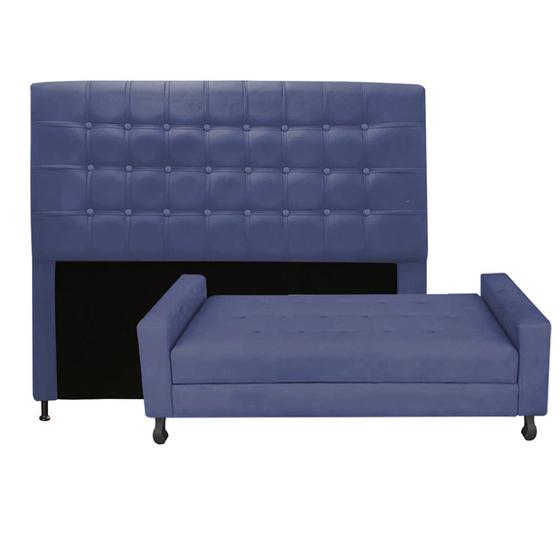Imagem de Kit Félix com Cabeceira Dama Capitonê 1,60 cm Queen Size Baú Quarto Sala Suede Azul Marinho - Dama Capitonêffe Móveis