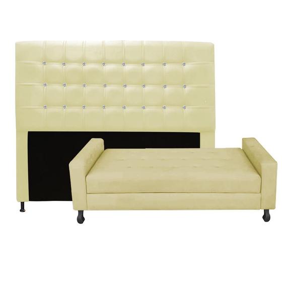 Imagem de Kit Félix com Cabeceira Dama com Strass 1,40 cm Casal Baú Quarto Sala Suede Bege - Damaffê Móveis