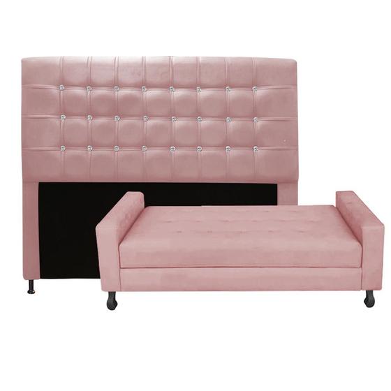 Imagem de Kit Félix com Cabeceira Dama com Strass 1,40 cm Casal Baú Quarto Sala Suede Rose - Damaffê Móveis