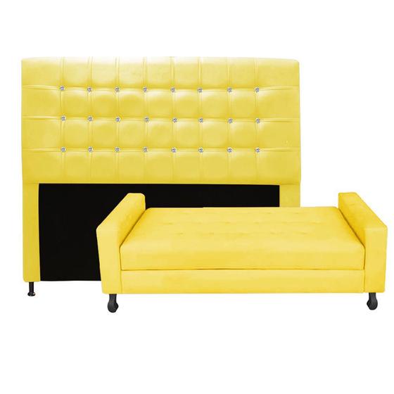 Imagem de Kit Félix com Cabeceira Dama com Strass 1,60 cm Queen Size Baú Quarto Sala Suede Amarelo - Damaffê Móveis