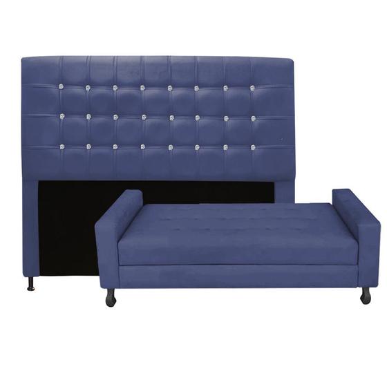 Imagem de Kit Félix com Cabeceira Dama com Strass 1,60 cm Queen Size Baú Quarto Sala Suede Azul Marinho - Damaffê Móveis