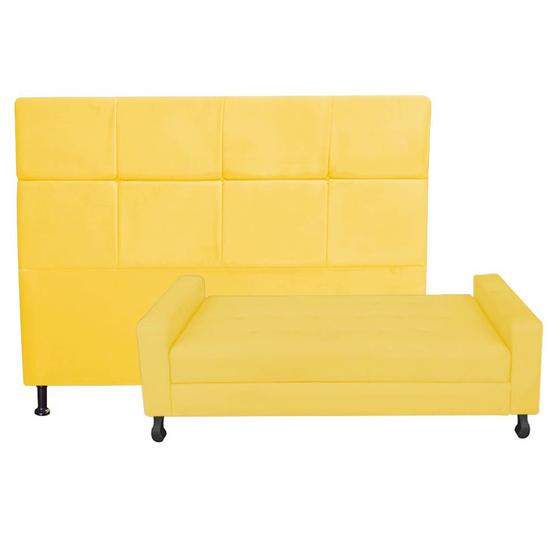 Imagem de Kit Félix com Cabeceira Damares 1,60 cm Queen Size Baú Quarto Sala material sintético Amarelo - Damaffê Móveis