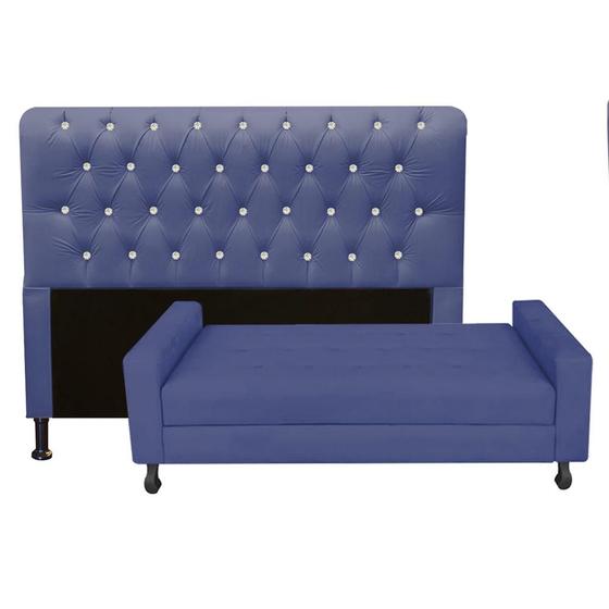 Imagem de Kit Félix com Cabeceira Lady com Strass 1,40 cm Casal Baú Quarto Sala material sintético Azul Marinho - Damaffê Móveis