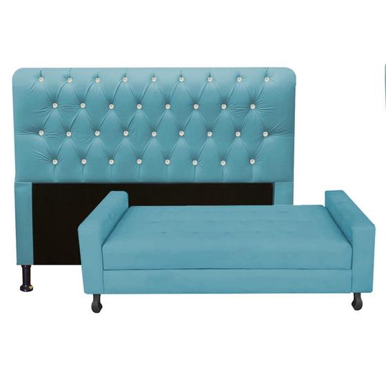 Imagem de Kit Félix com Cabeceira Lady com Strass 1,40 cm Casal Baú Quarto Sala material sintético Azul Turquesa - Damaffê Móveis