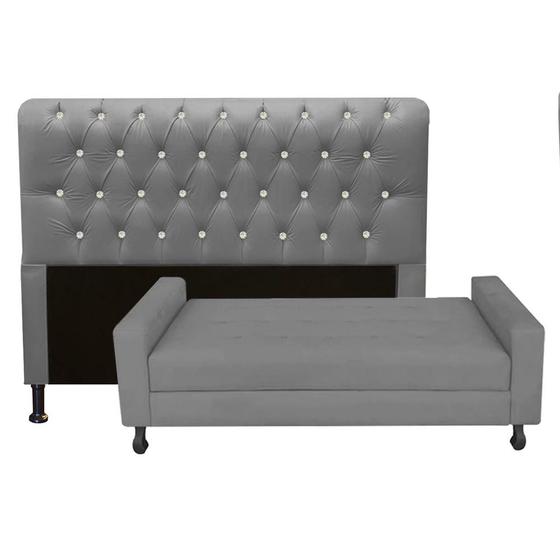 Imagem de Kit Félix com Cabeceira Lady com Strass 1,40 cm Casal Baú Quarto Sala material sintético Cinza - Damaffê Móveis