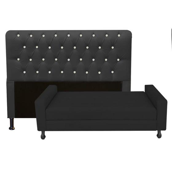 Imagem de Kit Félix com Cabeceira Lady com Strass 1,40 cm Casal Baú Quarto Sala Suede Preto - Damaffe Móveis