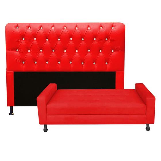 Imagem de Kit Félix com Cabeceira Lady com Strass 1,60 cm Queen Size Baú Quarto Sala Suede Vermelho - Damaffe Móveis