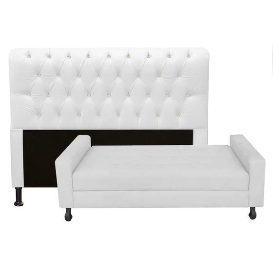 Imagem de Kit Félix com Cabeceira Lady com Strass 1,95 cm King Size Baú Quarto Sala material sintético Branco - Damaffê Móveis