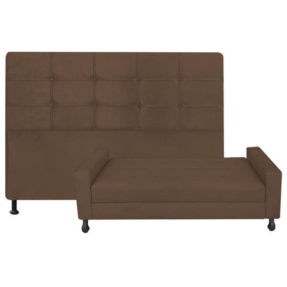 Imagem de Kit Félix com Cabeceira Mel 1,40 cm Casal Baú Quarto Sala Suede Marrom - Damaffe Móveis