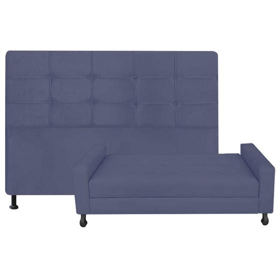 Imagem de Kit Félix com Cabeceira Mel 90 cm Solteiro Baú Quarto Sala Suede Azul Marinho - Damaffe Móveis