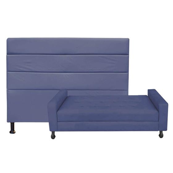 Imagem de Kit Félix com Cabeceira Turim 1,00 cm Solteiro Baú Quarto Sala material sintético Azul Marinho - Damaffê Móveis