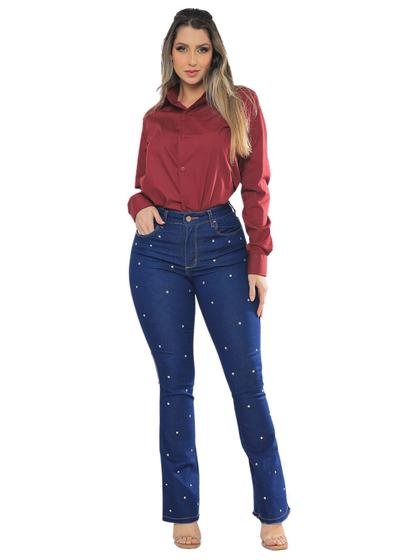 Imagem de Kit Feminino 2 Peças - Calça Feminina Flare Jeans Escuro com pontos de Strass e Camisa Social Vinho