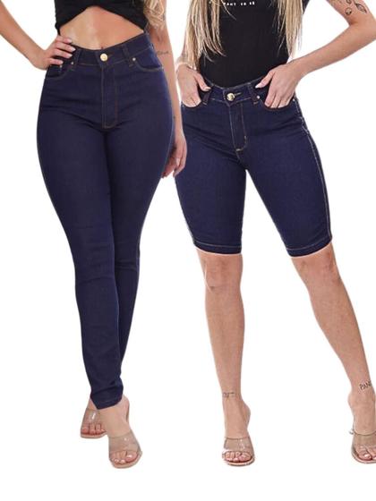 Imagem de KIT FEMININO 2 Peças - Calça Skinny Jeans Escuro e Bermuda Ciclista Jeans Escuro