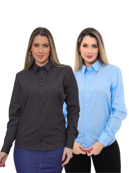 Imagem de KIT Feminino 2 Peças - Camisa Social Premium Tipo Linho Azul Claro e  Camisa Social Slim Preta