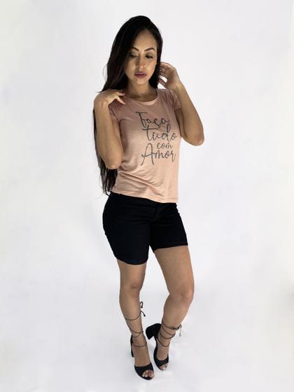 Imagem de KIT Feminino 2 Peças - Camiseta Estampa Sortida e Bermuda Jeans Meia Coxa Preta