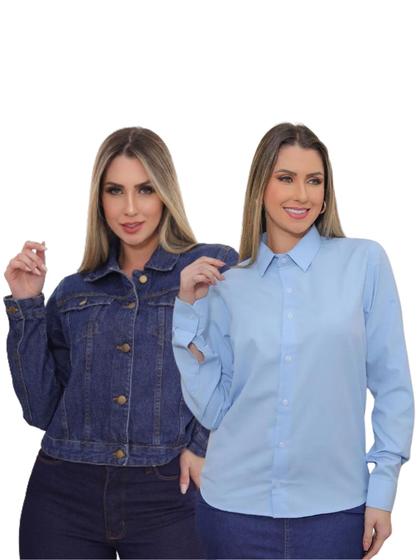 Imagem de KIT Feminino 2 peças - Jaqueta Cropped Jeans Escura e Camisa Social Slim Azul Bebê