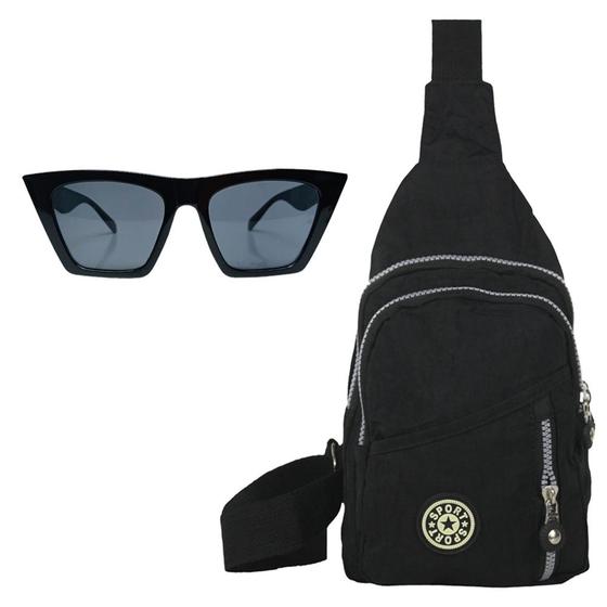 Imagem de Kit Feminino E Masculino Bolsa Pochete Shoulder Preta Ombro, Alça Ajustável E Óculos De Sol Estiloso Diversos Modelos