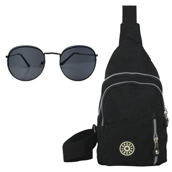 Imagem de Kit Feminino E Masculino Bolsa Pochete Shoulder Preta Ombro, Alça Ajustável E Óculos De Sol Estiloso Diversos Modelos