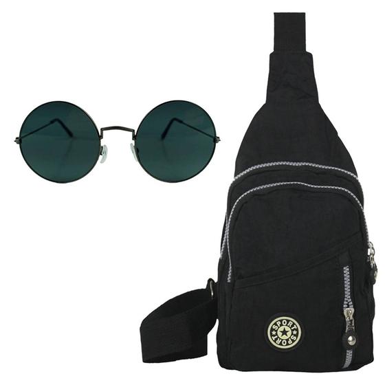 Imagem de Kit Feminino E Masculino Bolsa Pochete Shoulder Preta Ombro, Alça Ajustável E Óculos De Sol Estiloso Diversos Modelos