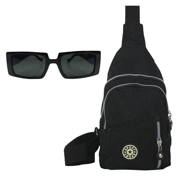 Imagem de Kit Feminino E Masculino Bolsa Pochete Shoulder Preta Ombro, Alça Ajustável E Óculos De Sol Estiloso Diversos Modelos