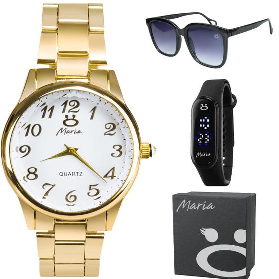 Imagem de Kit Feminino Relógio Dourado Banhado Ouro 18k Quartz + Relógio Bracelete Preto Prova D'água + Óculos Sol Vintage Anos 2000 Proteção UV400