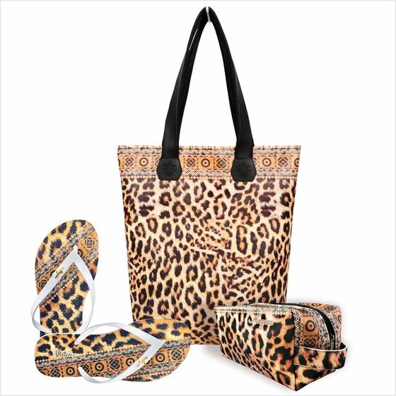 Imagem de Kit Feminino Selva Oncinha com Bolsa, Necessaire e Chinelo, Magicc