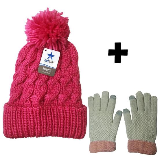 Imagem de Kit Feminino Touca Tricô Frio Inverno Com Luva Touch Screen