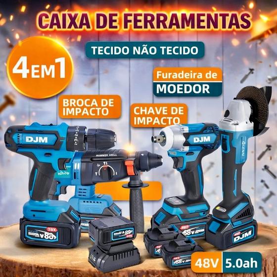 Kit Ferramentas A Bateria 4 em 1 Maleta 48V Esmerilhadeira Furadeira Parafusadeira Impacto Martelete - 2Leo