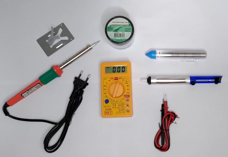 Imagem de Kit Ferro de Solda 220V Multímetro Digital sugador Pasta de solda e Estanho 25g