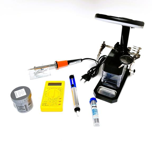 Imagem de Kit Ferro de Solda 40w 220v Lupa 3 Gavetas Multimetro Pasta Estanho Sugador