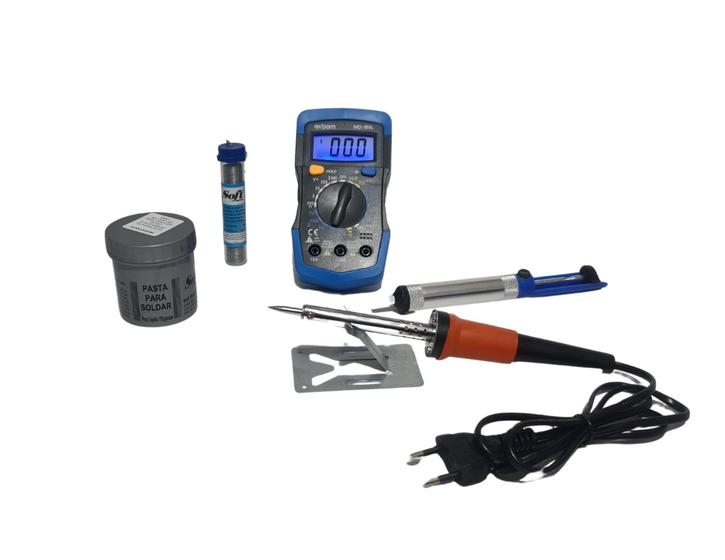 Imagem de Kit ferro de solda 60w 220v + multimetro Digital com Visor Lcd + sugador + estanho + pasta