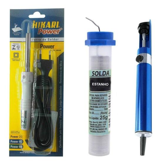 Imagem de Kit Ferro Solda Hikari 30 127v + Sugador Metal Hk 192 + Rolo Estanho