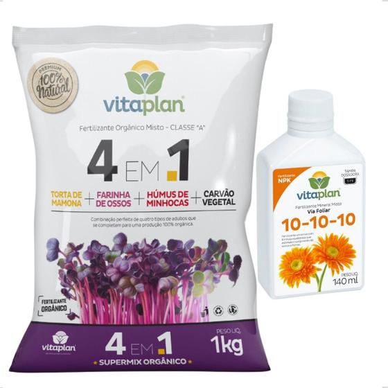 Imagem de Kit Fertilizante 4 em 1 Completo com Adubo Concentrado NPK 10.10.10 140ml Vitaplan