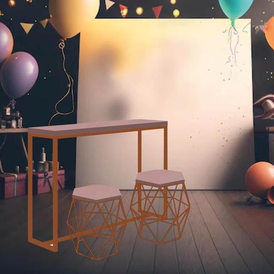 Imagem de Kit Festa 1 Mesa Aparador Bistrô G Mavie 150cm com 2 Mesas P Luna Ferro Bronze MDF Rosa - Ahazzo Móveis