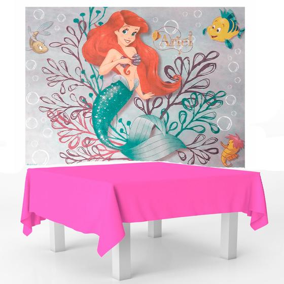 Imagem de Kit festa Ariel Decoração Toalha Rosa + Painel TNT 1,40m