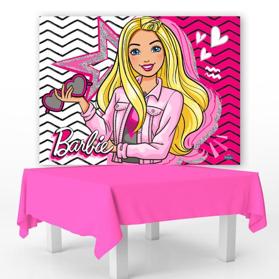 Imagem de Kit festa Barbie Decoração Aniversá Toalha Rosa + Painel TNT