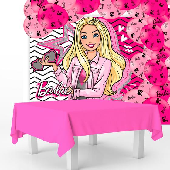 Imagem de Kit festa Barbie Decoração Toalha Rosa+ 25 balões +Painel