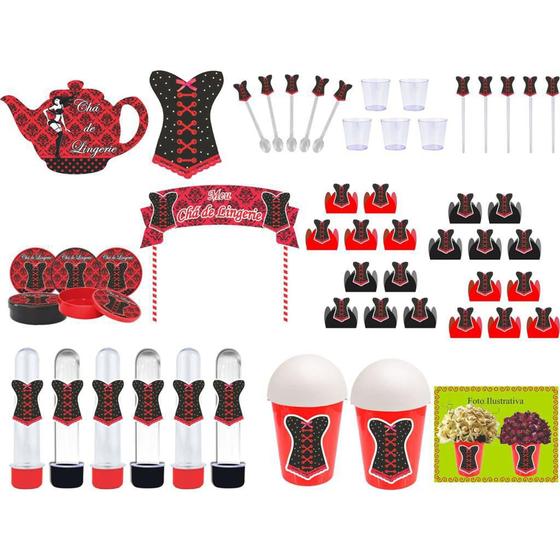 Imagem de kit festa Chá de Lingerie (vermelho e Preto) 105 peças (10 pessoas)