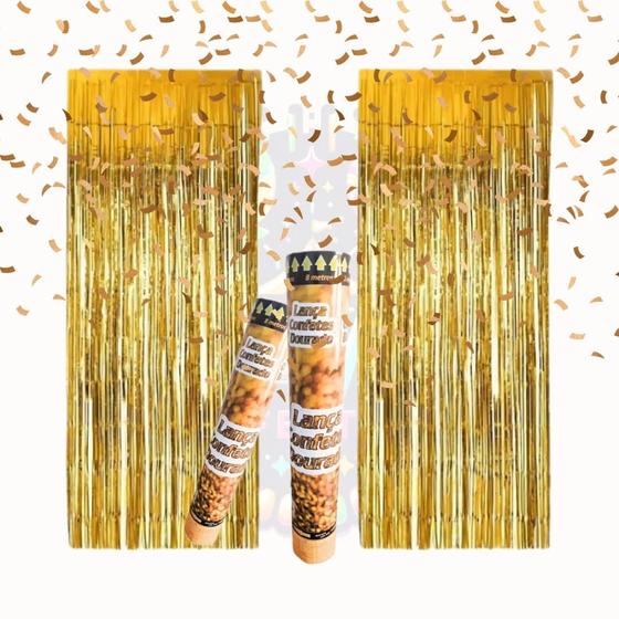 Imagem de Kit Festa COMEMORAÇÃO  Lança Confete + Cortina Metalizada PRATA e/ou DOURADA.